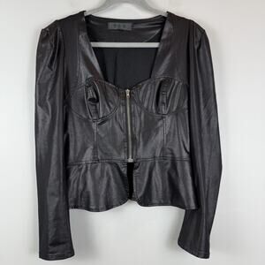 TOV Peplum Biker Top Jacket Sz 6 Black Edgy Sexy Zip Crop Faux Leather Grunge
